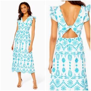Lilly Pulitzer Lillyanne Eyelet Tie Back Midi Dress Neon Turquoise Oasis